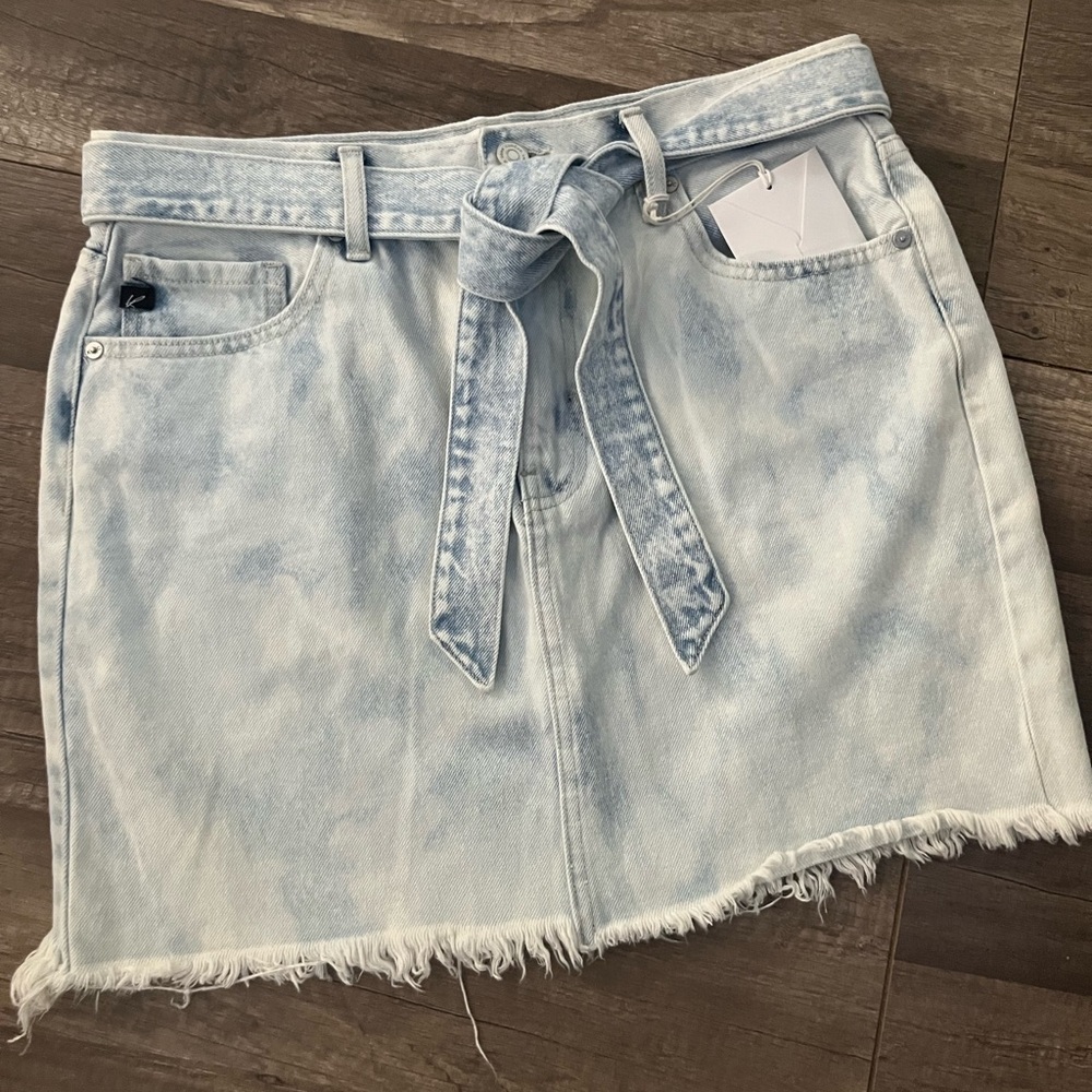 KanCan Light Blue Denim Mini Skirt with Tie Belt